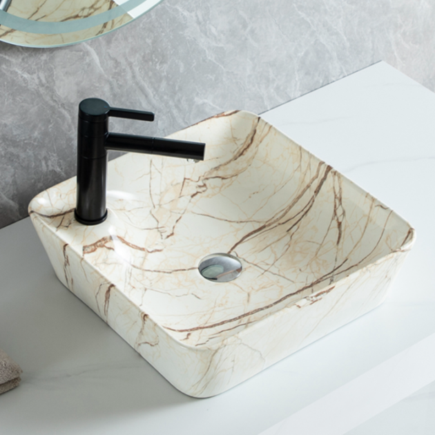Luxury Novel Design Above Counter Bathroom Ceramic Marble Art Wash Basin Sanitary Ware Square Vessel Sink