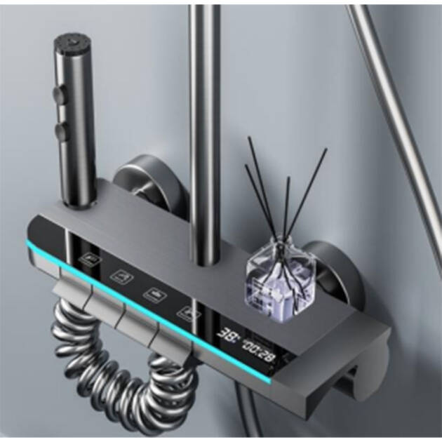 4 Function Gray Aluminum Shower Set LED Light and Digital Display Bathroom Piano Key Wall Mounted Shower System