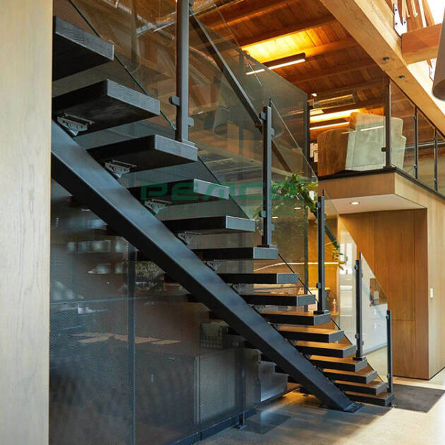 American Canada Staircase Indoor Straight Steel Frame Stair Mono Stringer Design Floating Glass Staircase