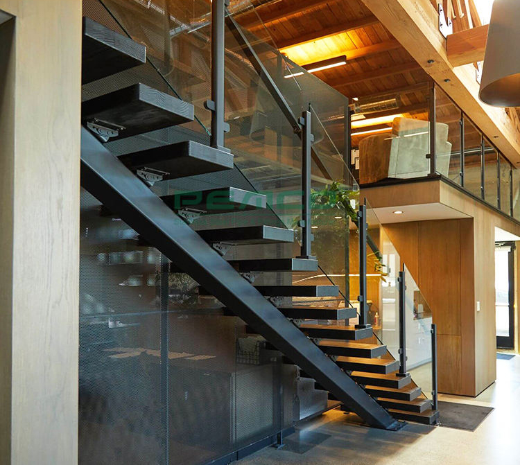 American Canada Staircase Indoor Straight Steel Frame Stair Mono Stringer Design Floating Glass Staircase