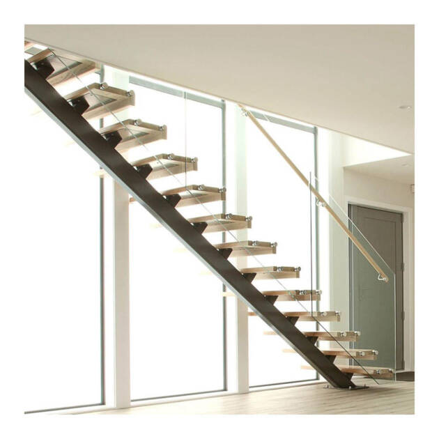Stainless Steel Beam Staircase Marble Glass Solid Wooden Steps Streads System LED Interior House Mono Straight Floating Stairs